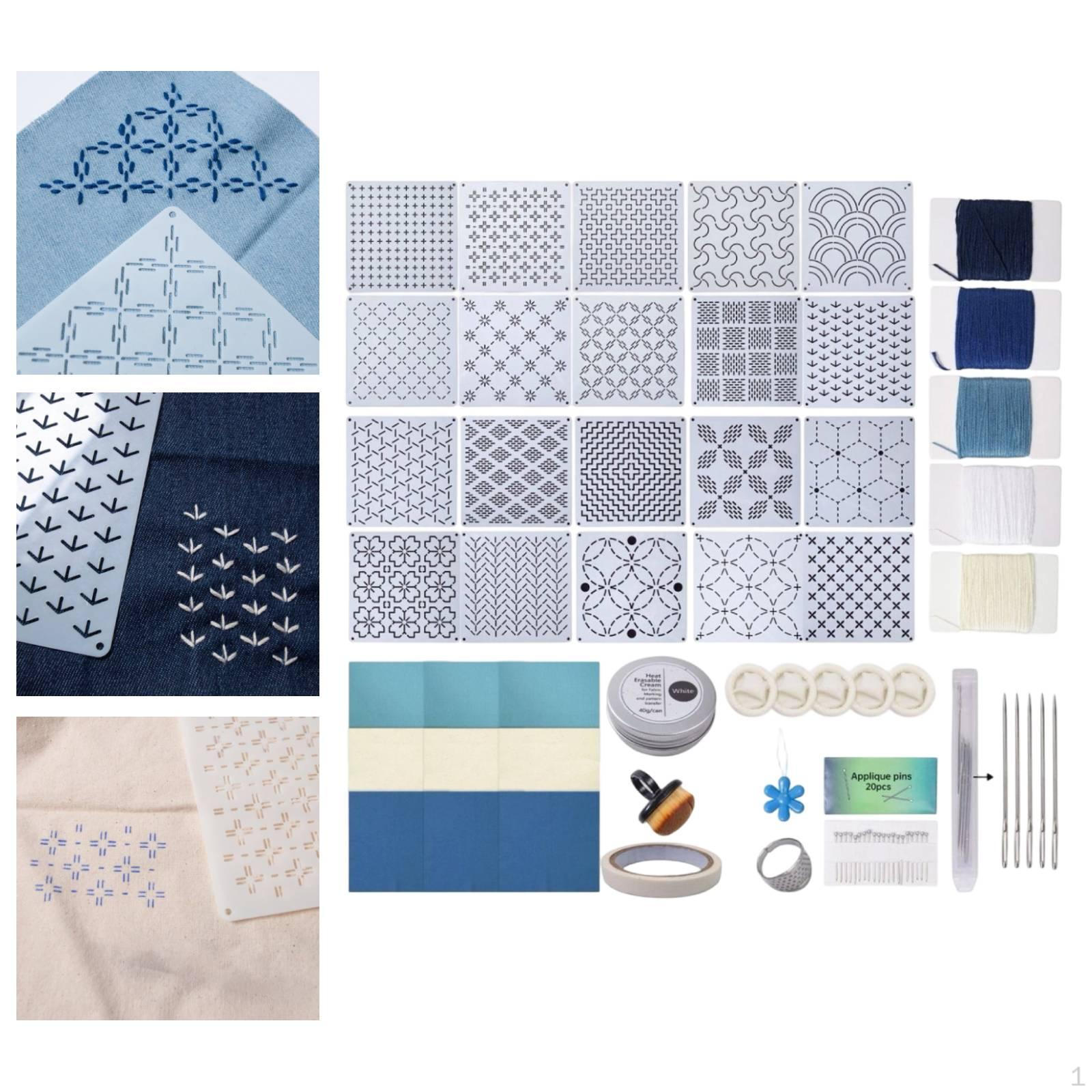 Sashiko Kit for Beginners with Threads Thimble Sewing Japanese Embroidery Stencils gray