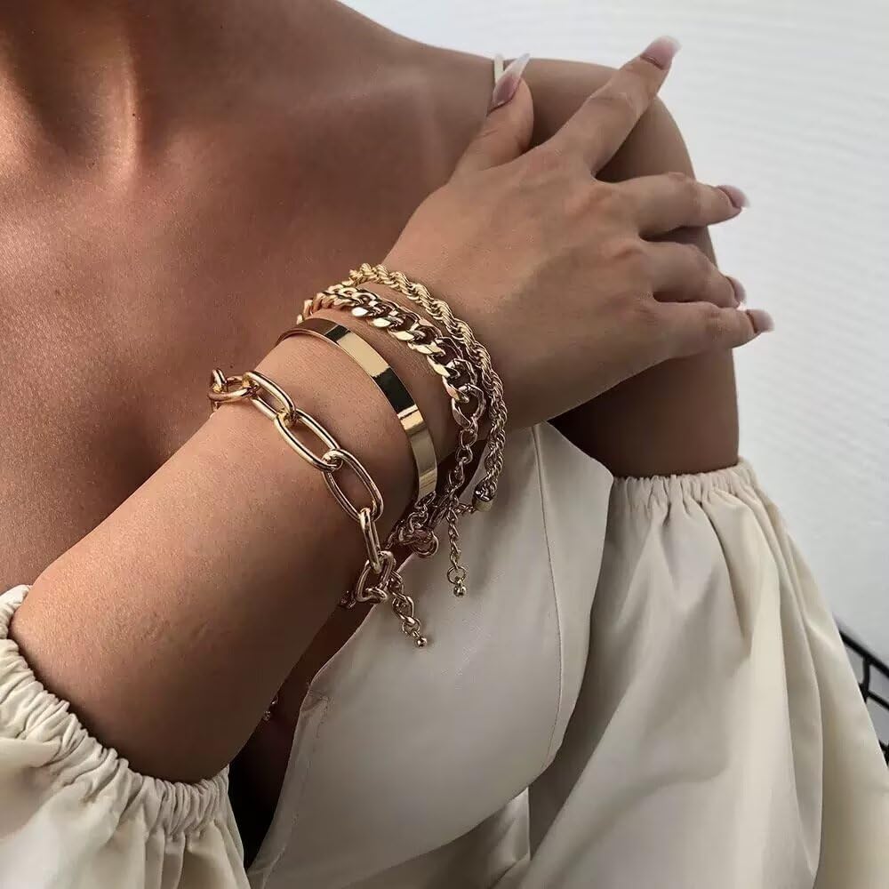 16k Chunky Gold Bracelets for Women Trendy Womens Gold Bracelet Stack Layered Chunky Chain Bracelets Waterproof Link Cuff Herringbone Bracelet