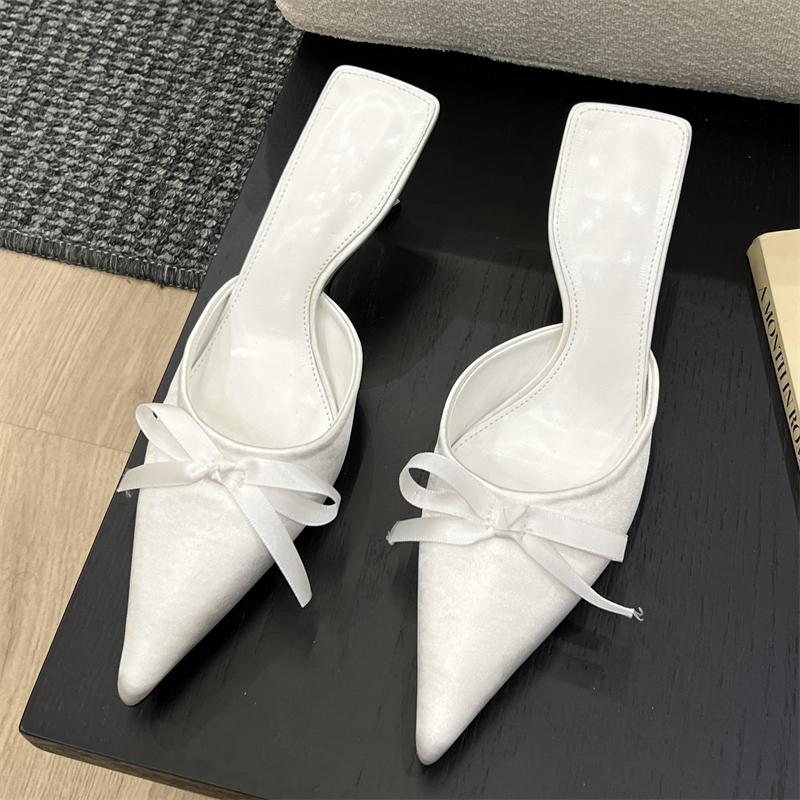 Eilyken Spring Summer Silk Butterfly-knot Women's Slippers Sandals Pointed Toe High Heel Pumps Ladies Stripper Mules Shoe