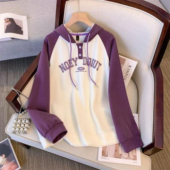 

Plus Size Color Block Hooded Sweatshirt - Women s 2025 Spring/Autumn Korean Style with Open Neck and Print Large фіолетовий