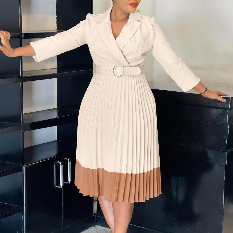 Women Elegant Color Block Turn Down Collar High Waist Pleated Office A Line Dress