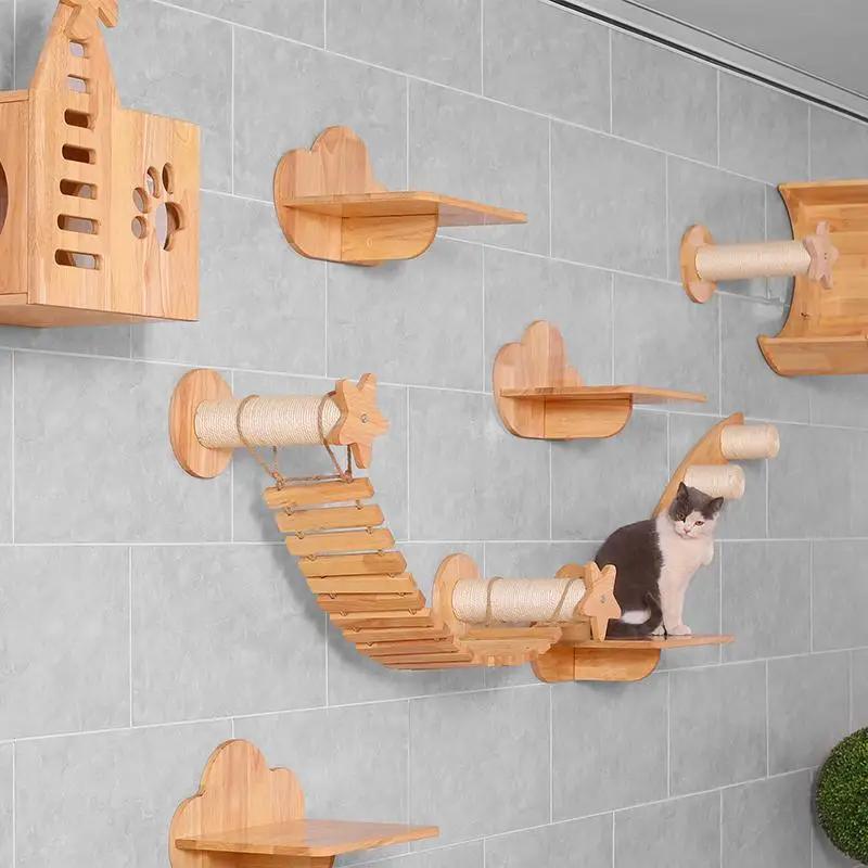 Wooden Wall-Mounted Cat Activity Centre with Scratching Board Hammock and Climbing Stairs Pet Climbing Play Furniture