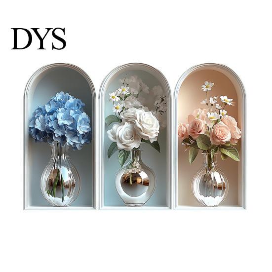 Easy Install Wall Sticker 3 Pcs 3D Vase Stickers Vintage Flower Art Space Extension Self-Adhesive Colorful Floral Blossom Decals for Bedroom