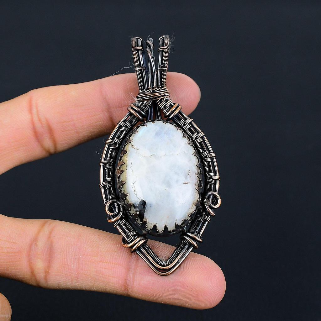 Moonstone Gemstone Pure Copper Wire Wrapped Handmade Pendant Jewelry