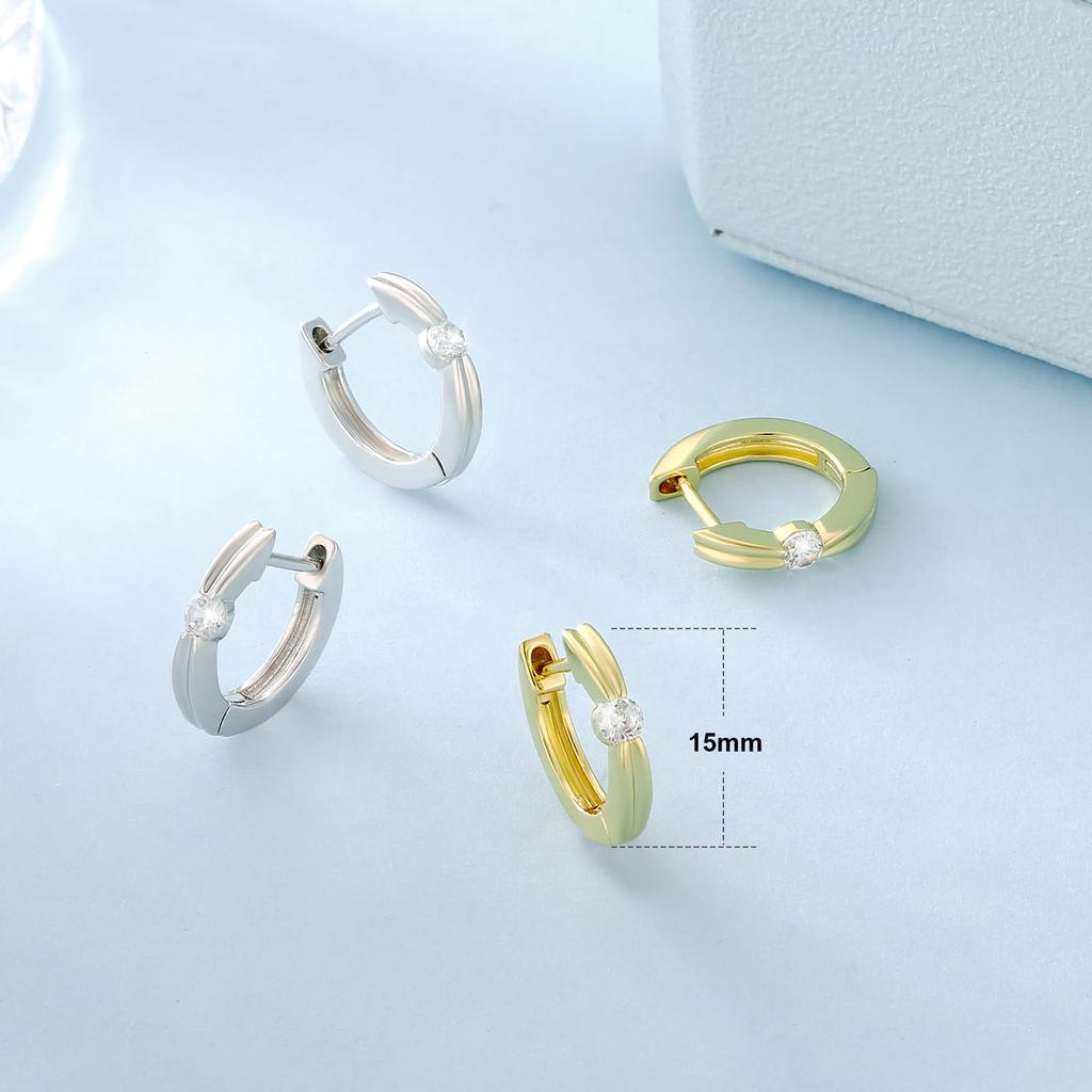 Hoop Earrings Ribbon Moissanite Earrings 15mm Ring Earrings Both Ears Hypoallergenic 14K Gold Plated Silver Earrings Single Diamond Simple Cute