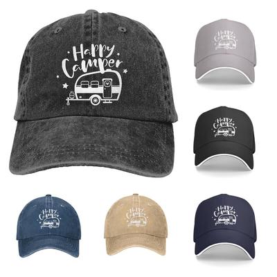 Happy Camper Baseball Cap Dad Hat Adjustable Washed Cotton Denim Cap for Women Unisex Snapback Cap Vacation Travel Time Casual