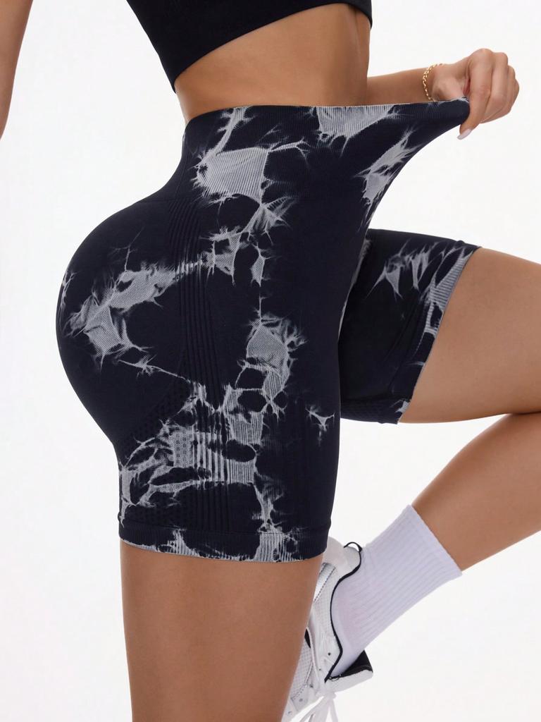 Kadın Siyah ve Beyaz Dikişsiz Tie Dye Yoga Şortu, Beden S-XL, Yıl Boyunca Giyilebilir.