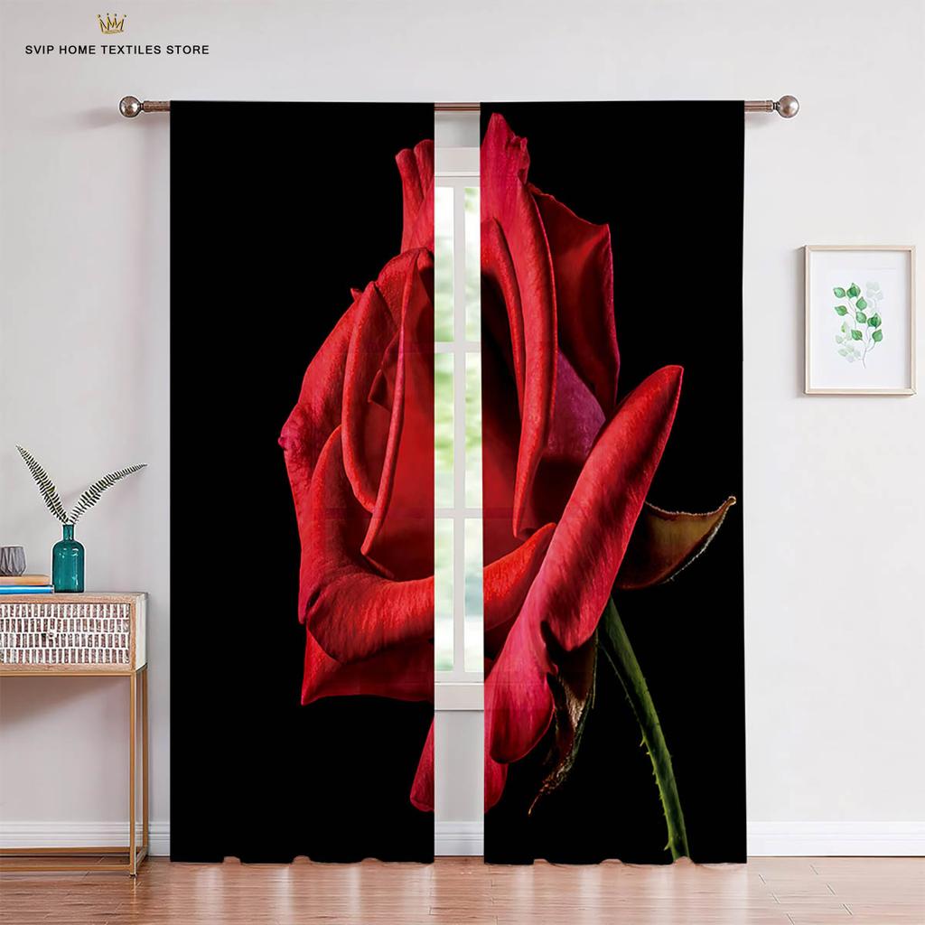 Red Rose Retro Romantic Print Curtains, Living Room, Bedroom, Kitchen, Window Decoration, Home Decoration, 2 Pcs
