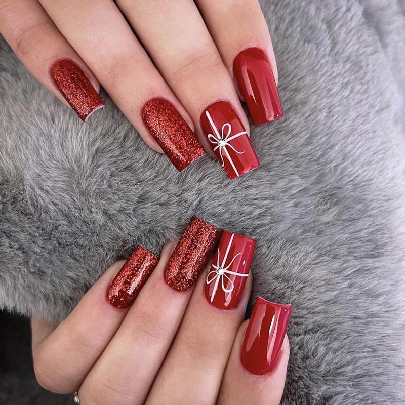 

Christmas Red Glitter Bow Nail Art - Wearable False Nails