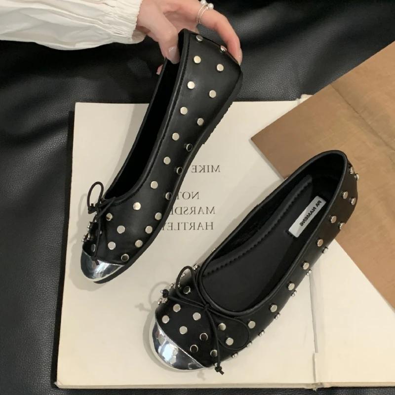 Fashion Fashion Metal Rivet Decoration Mary Jane Shoes Women Sweet Bow Round Toe Shallow Ballet Flats Comfortable Non-Slip Dress Shoes
