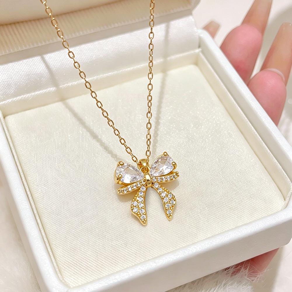 Women's Light Luxury Cross-Border Bow Necklace with Micro-Inlaid Zircon – Non-Fading, Versatile Fashion Accessory