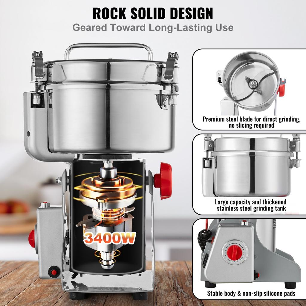VEVOR 2500g Electric Grain Mill Grinder, High Speed 3400W Commercial Spice Grinders, Stainless Steel Pulverizer Powder Machine