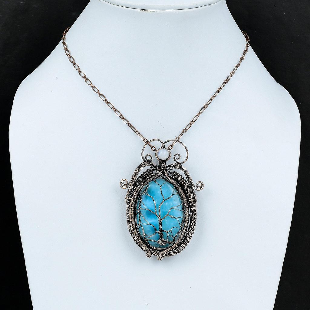 Pendentif arbre de vie en larimar, pendentif en fil de cuivre enveloppé, pendentif en pierre de lune arc-en-ciel, bijoux en cuivre pour cadeau, bijoux anciens faits à la main