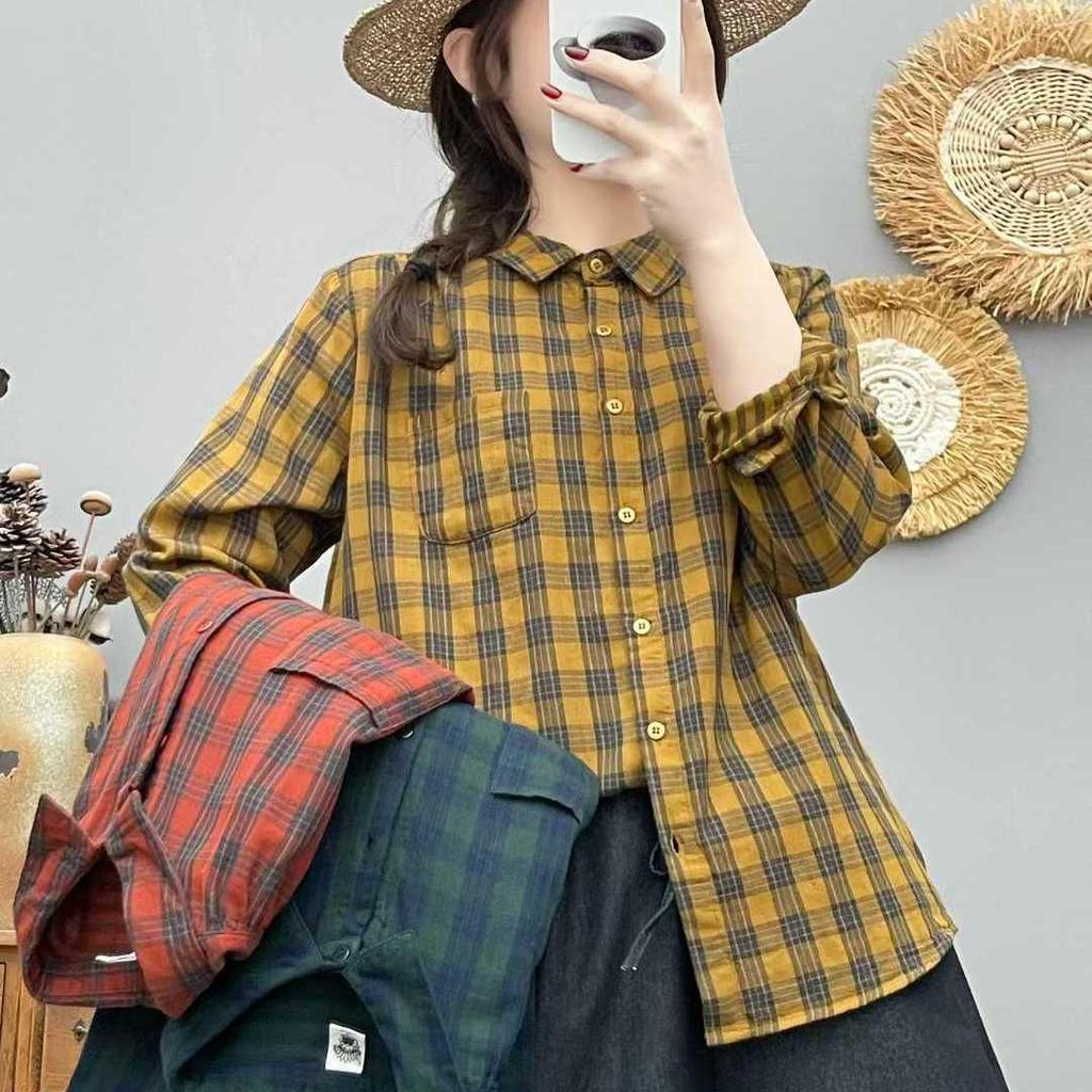Authentic Cotton Double-Layer Gauze Plaid Shirt for Women - Long Sleeve, Loose, Versatile, Retro Style