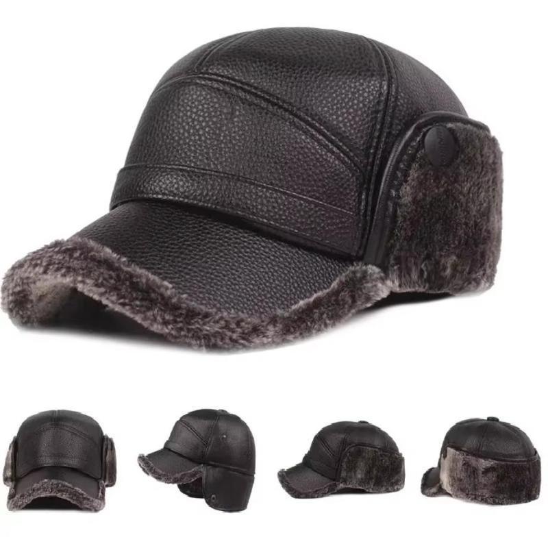 Winter Warm Duck Tongue Cap With Velvet PU Leather Baseball Cap Men's Windproof Ear Protection Cap With Velvet Cycling Warm Cap