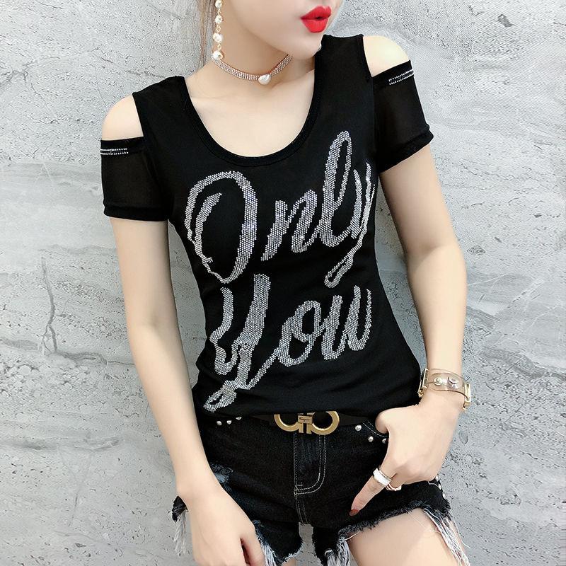

New Style Heavy Craftsmanship Fashion Diamond-covered Shoulder-open Sexy Beautiful Back Slim Body Slim Body Slim T-shirt Trendy S червоний