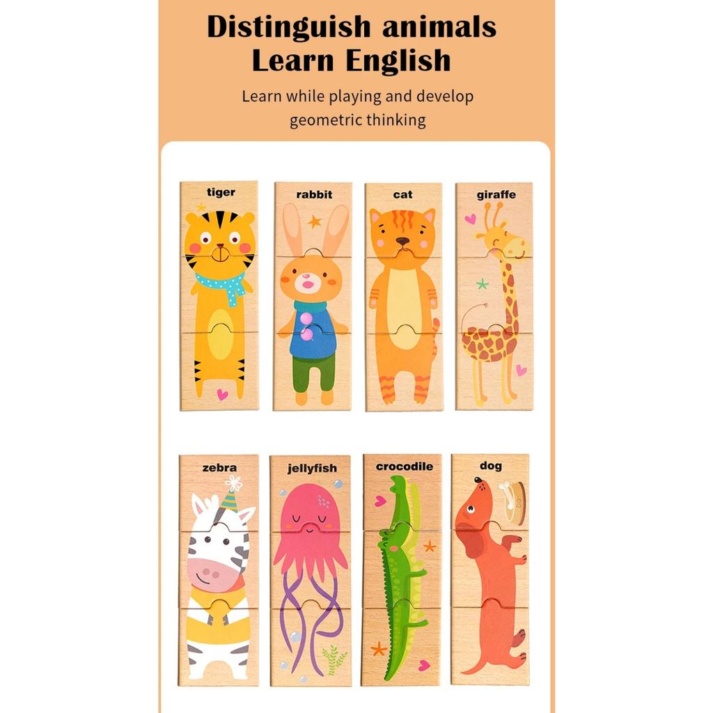 Drewniana zabawka edukacyjna Montessori Gra pamięciowa z dopasowywaniem wzorów zwierząt dla dzieci Poznawanie słów angielskich Układanka planszowa Prezent dla dzieci