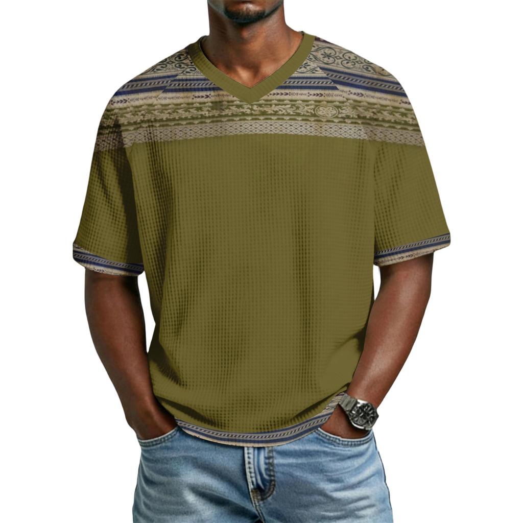 Men's casual stylish retro texture printed short-sleeved shirt Men's breathable V-neck short-sleeved top