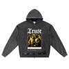 DTG Print Knitted Denim Zip-Up Hoodie Angel Streetwear Brother Print Zipper Hoodies  