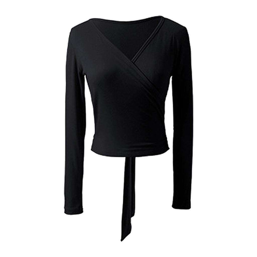 Women Solid Color V Neck Long Sleeves Straps Back Stretchy Crochet Dance Tops Gym Yoga Ballet