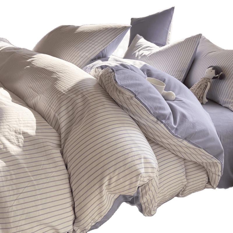 Muji-Style Striped Washed Cotton Bedding Set: Mix & Match Solid Color, Includes Duvet Cover, Bed Sheet, and Fitted Sheet. Ideal for Dorms.