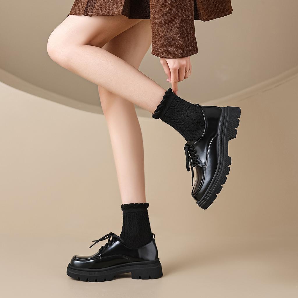 Fashion Women's shoes 2025 spring new thick soled retro British style women's loafers black lace up leather shoes soft sole single shoes