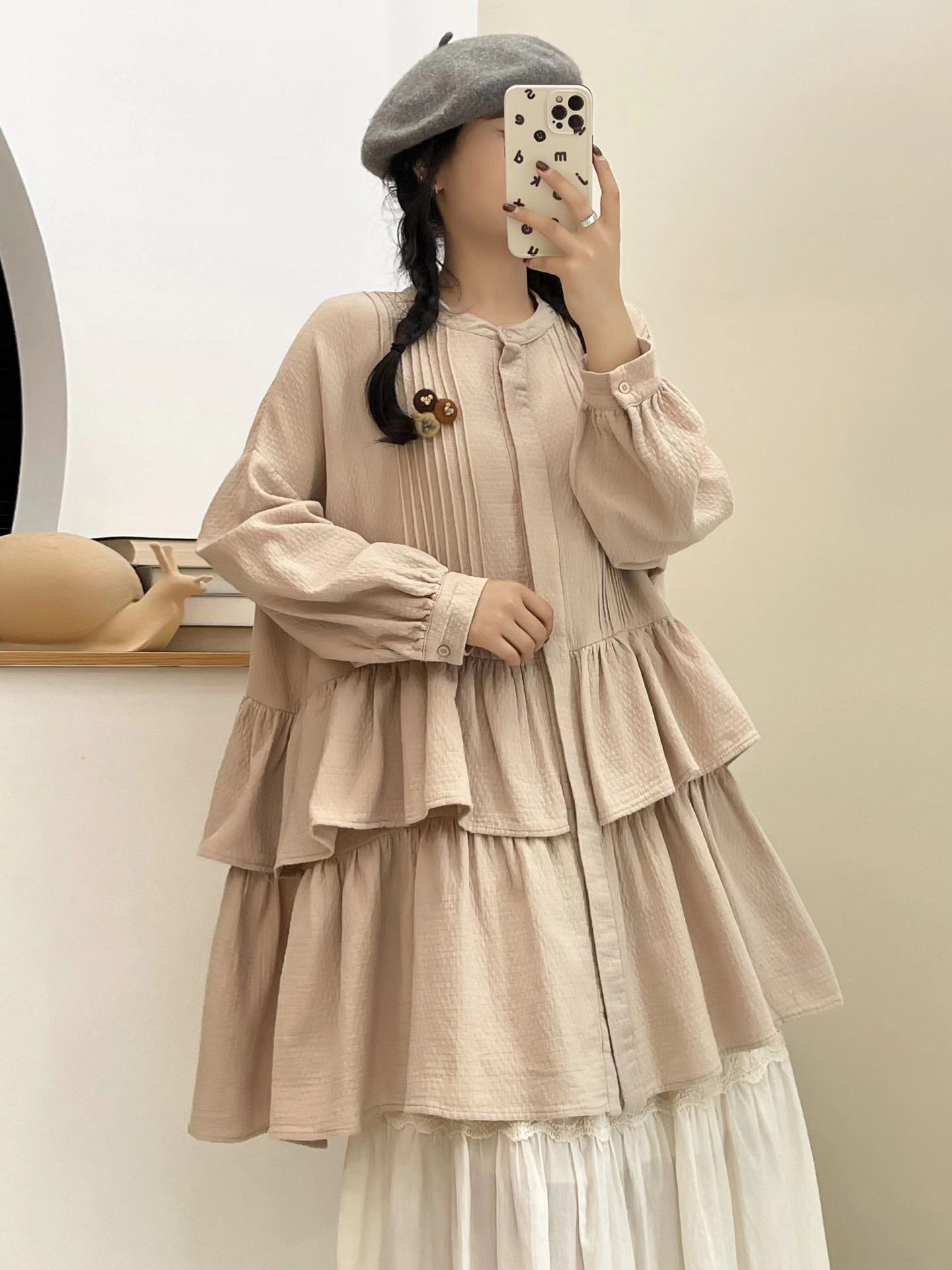 

Johnature Японский лес Лоскутная Оборки Хлопковая Рубашка Женская Весна Осень Свободные Длинные Топы Женские One Size бежевый