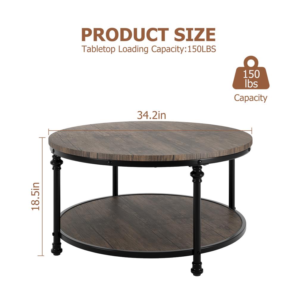 2-Tier Round Coffee Table Rustic Center Table with Storage Shelf for Living Room with Sturdy Metal Legs Wood Circle Coffee Table