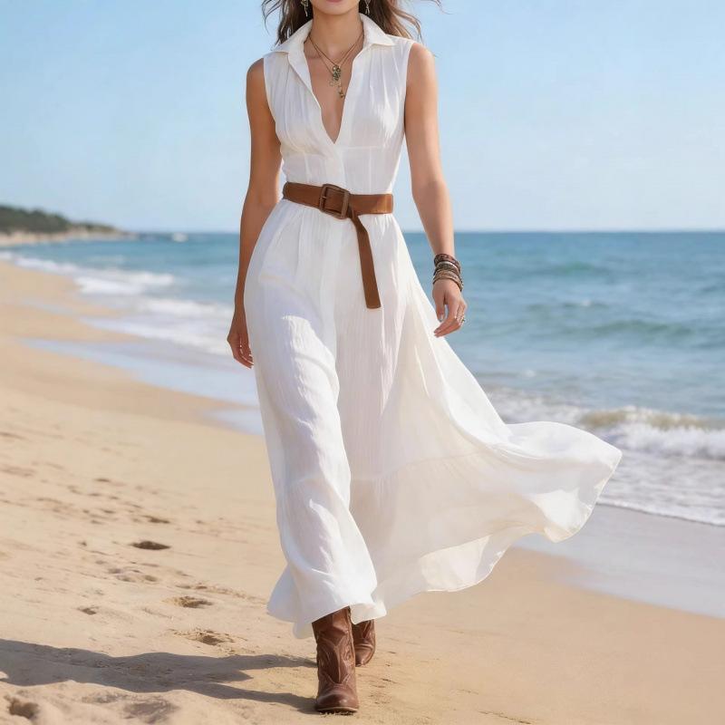 Amazon Europe and the United States Independent Station Cross-border 2026 Spring and Summer Bohemian Beach Shirt Collar Dress Vacation Dress S белый