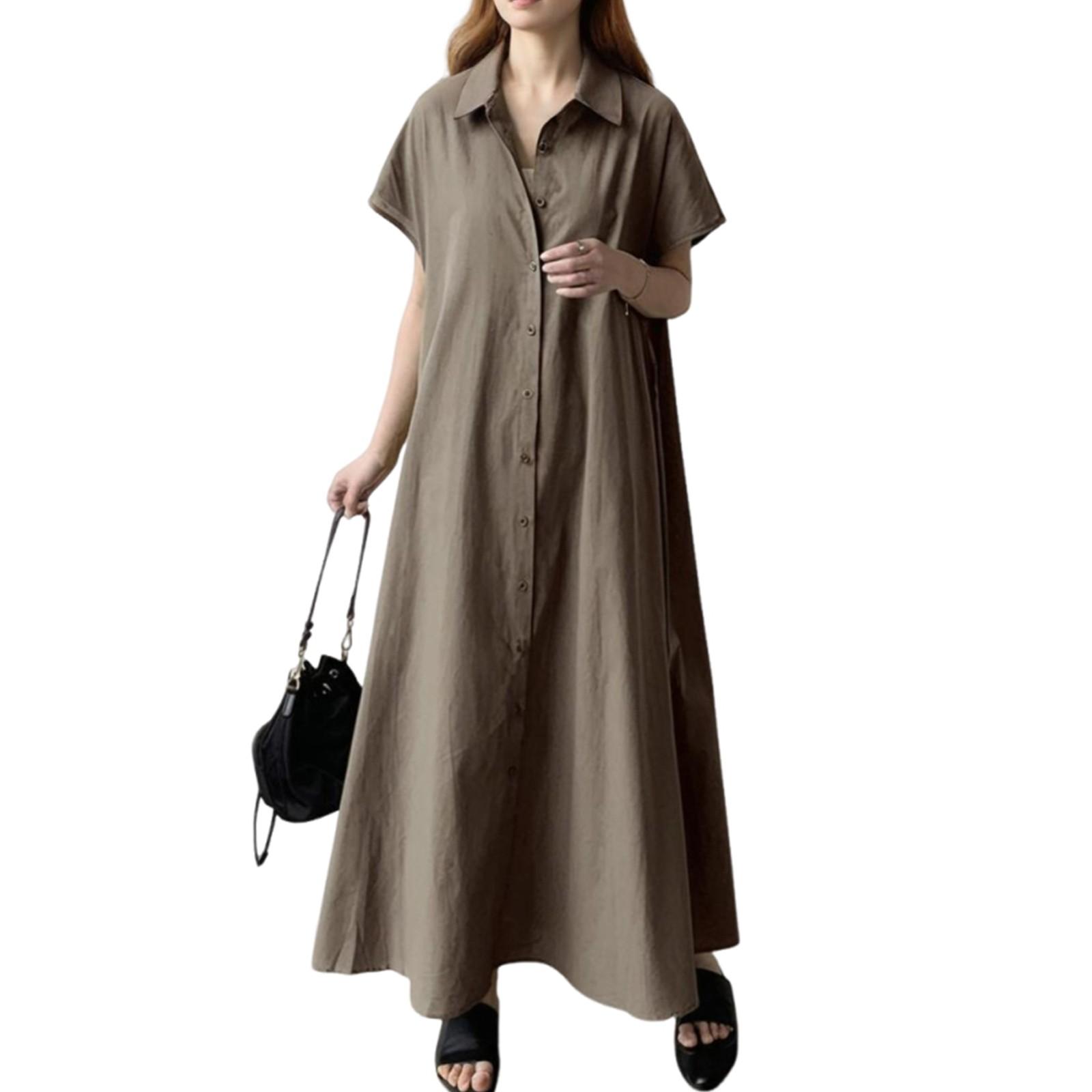 Women s Dresses Loose Casual Color Lapel Ribbon Button Short Sleeve Dresses S кофейный