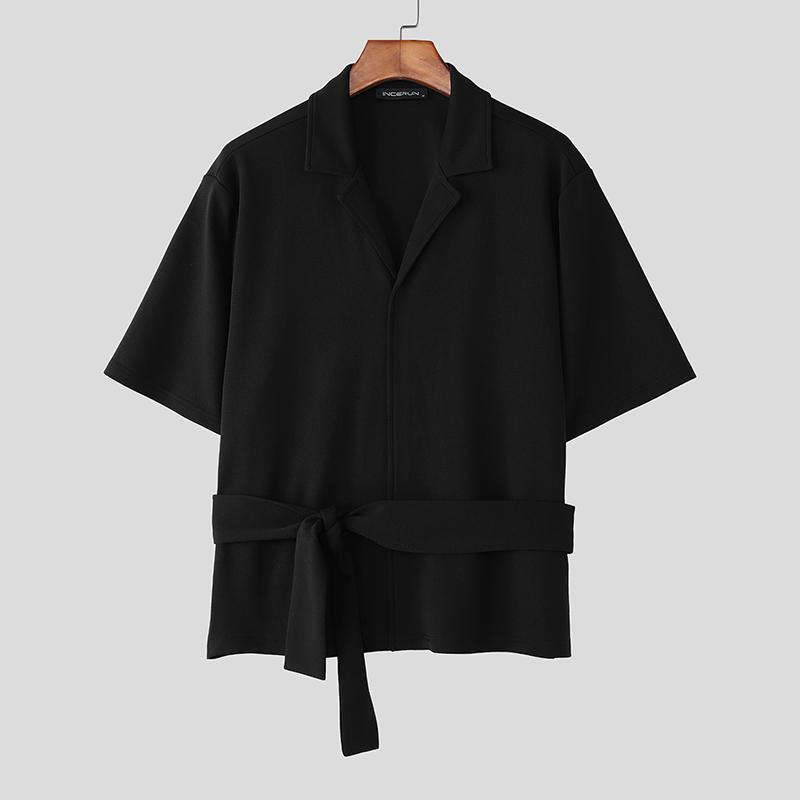 INCERUN Men Casual O Neck Short Sleeve Front Cross Lace-up T-Shirts Tops