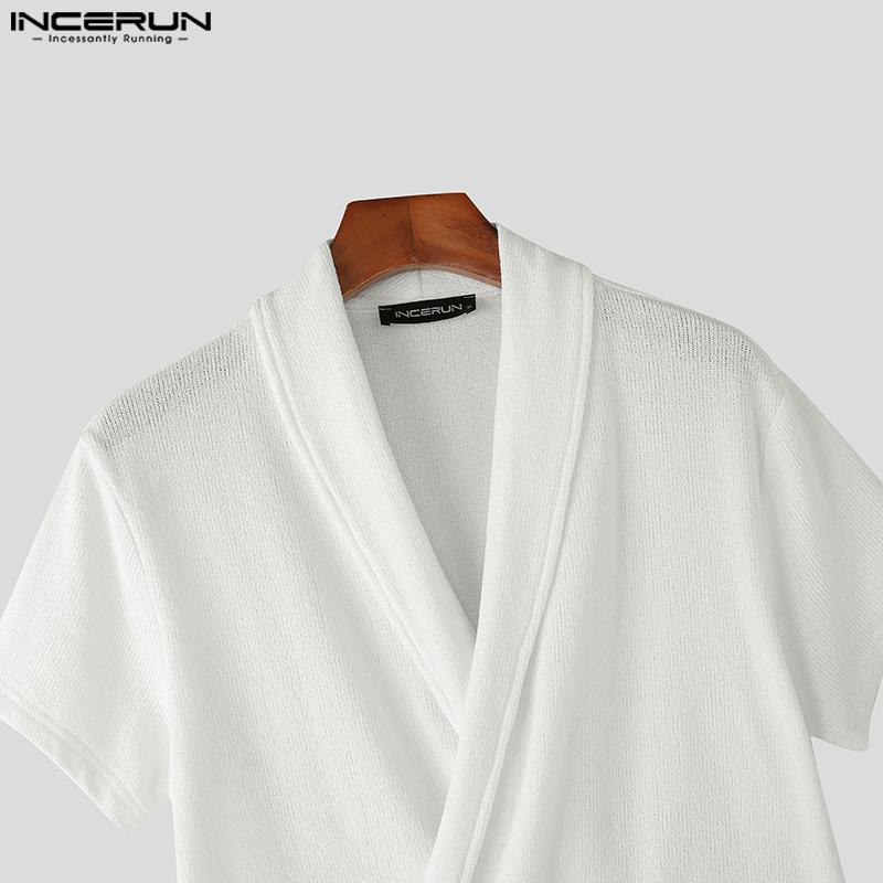 INCERUN Men V Neck Front Cross Lace-up Semi-Sheer Casual Texture Tops