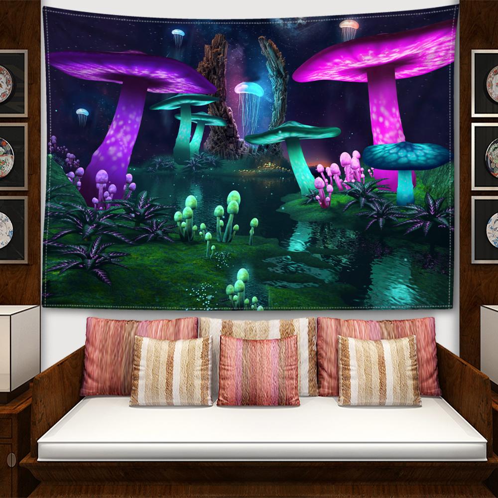Green Purple Forest Mushroom Tapestry Wall Hanging Bohemian Mystical Witchcraft Living Room Background Cloth Home Decor