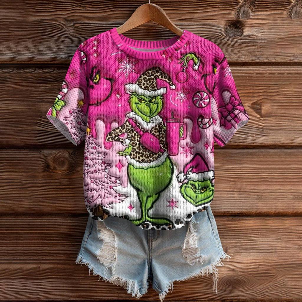 Women's Cute Sweater Knitted Fashion Casual Round-neck Short-sleeved  Cozy Print Top