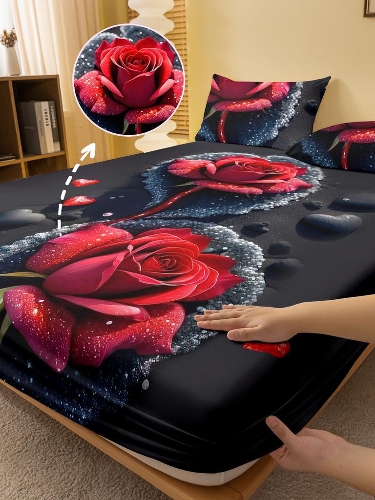 1 Simple modern Plant Flower Red Rose digital printed frosted Fitted Sheet,bedroom printed bed cover,bedding(No pillowcase)