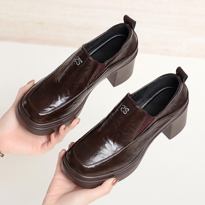 Women's High-heeled Leather Shoes, Spring and Autumn Single Shoes, Chunky Heels, Thick Soles, Slip-on Women's Shoes, Square Toe Leather Shoes