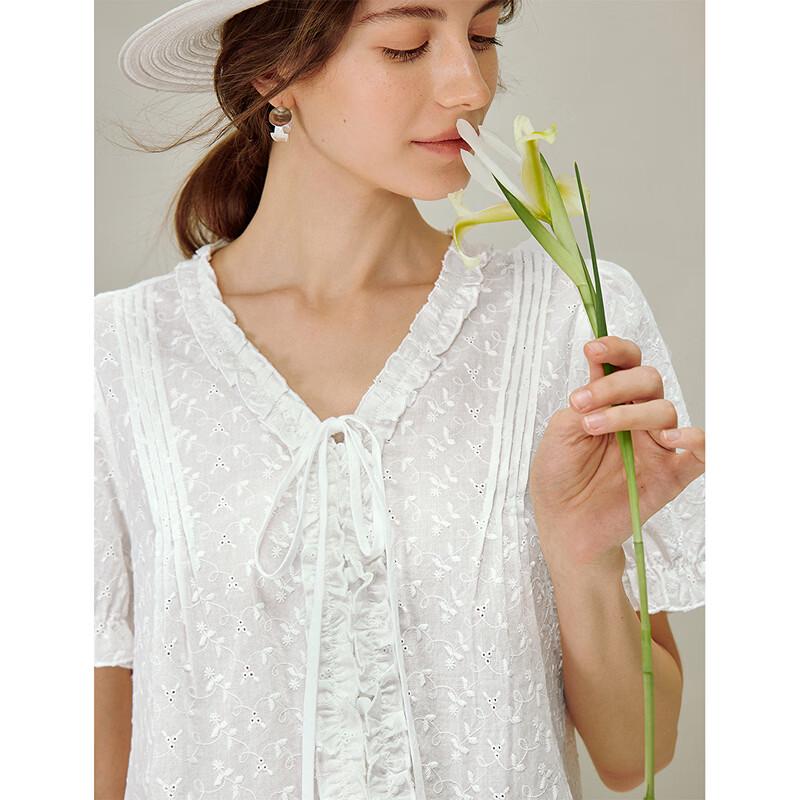 INMAN Women's 100% Cotton Embroidered Ruffle V-Neck Short-Sleeve Blouse