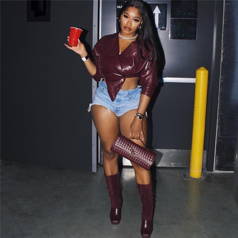 Letní dámská módní stylová vypasovaná zkrácená bunda z PU kůže jednobarevná ležérní