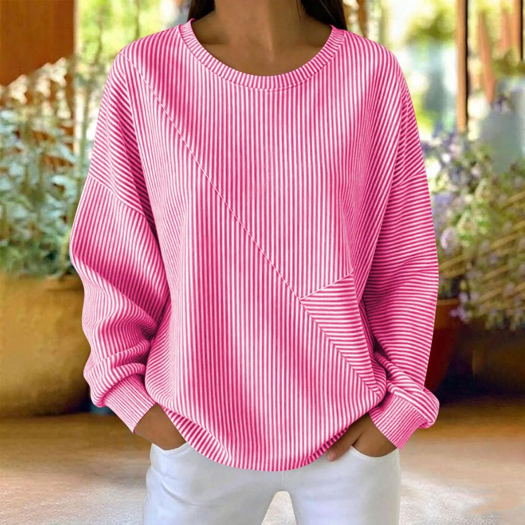 Sweatshirt à rayures pour femme, col rond, manches longues, haut pull décontracté