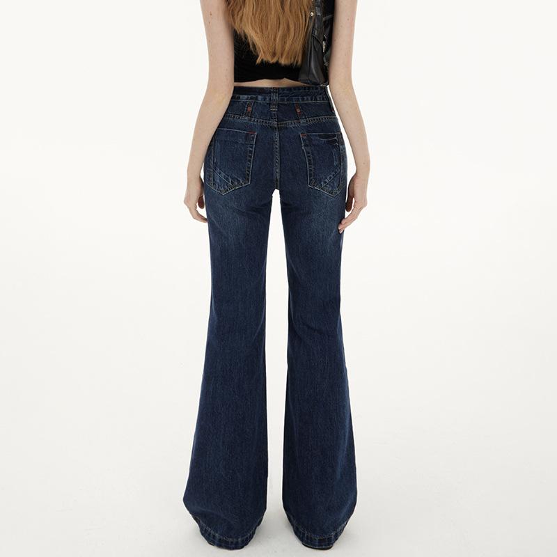 Spice Girl dark blue low-rise slightly pulled jeans women's spring and autumn new loose and thin wide-leg horseshoe flared pants