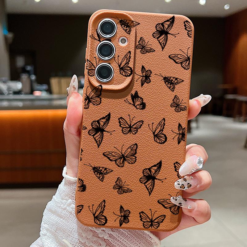 Stoßfeste, matte und schlanke Handyhülle mit Schmetterlingsdruck für Samsung S25 Ultra S24 FE S23 S22 A36 A56 A16 A55 A26 A15 A35, Ledertextur, TPU, weiche Rückseite