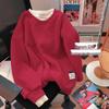 Women's Plus Size Red Round Neck Sweatshirt, Fleece-lined, Winter Layered Look, New Year Style
