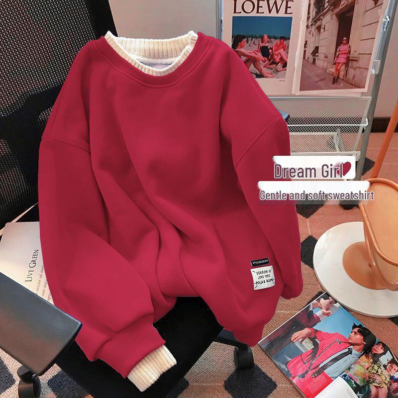 Women's Plus Size Red Round Neck Sweatshirt, Fleece-lined, Winter Layered Look, New Year Style
