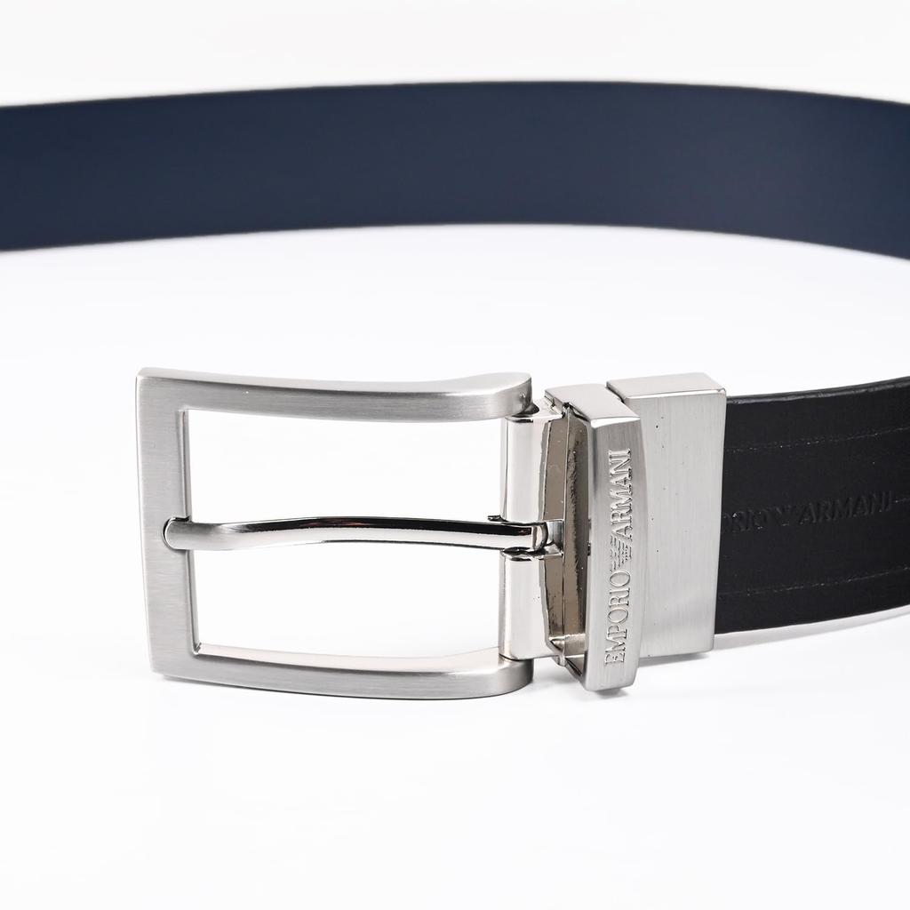 Emporio Armani Wide Belt with Embossed Black and Stringa System EM001772 AF15136 MC080 Men's 3.5cm Logo, Blue, Compatible, Reversible, [Used]