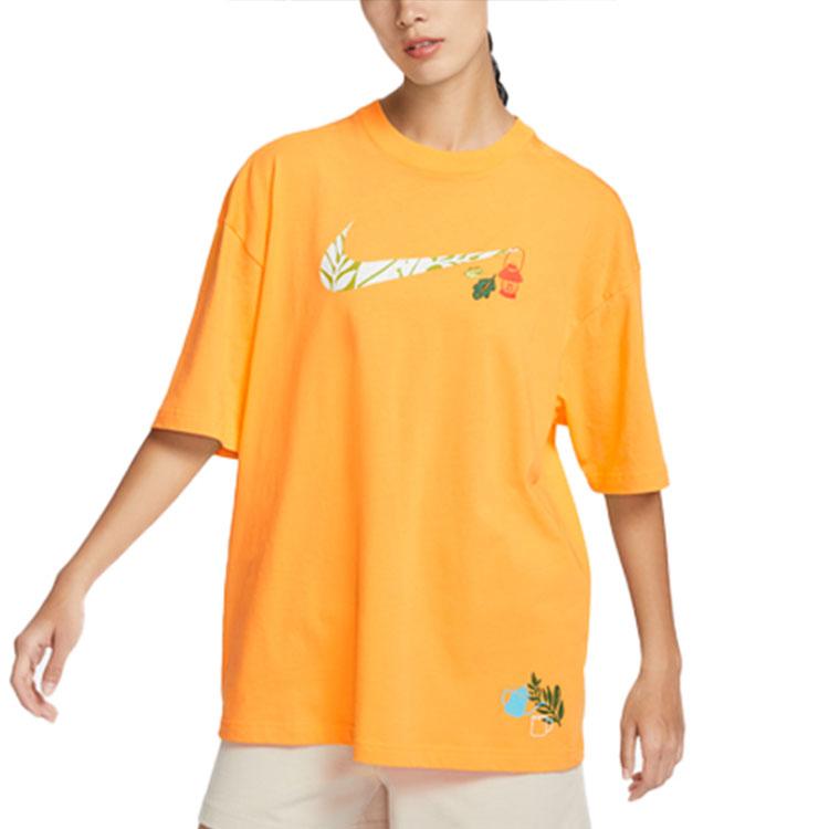 Nike Sportswear Swoosh Cartoon Print Vintage Loose Cotton Casual Crew Neck Short Sleeve Drop Shoulder T-Shirt Women T-Shirt Sundial-Yellow FN3711-717