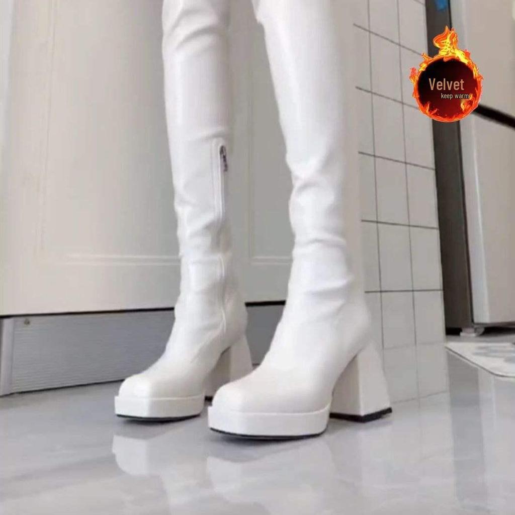 Botas de Tacón Grueso por Encima de la Rodilla con Punta Cuadrada y Suela Gruesa de Terciopelo para Mujer - Colección Otoño/Invierno