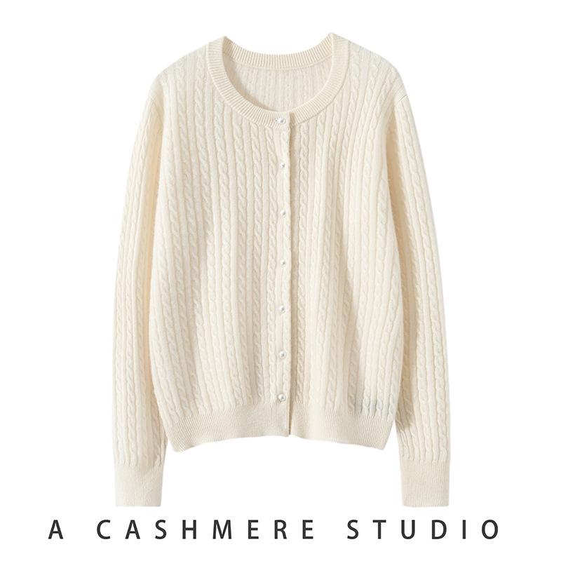 Women's Solid Cashmere Cardigan - 2024 Round Neck Cable Knit Loose Fit