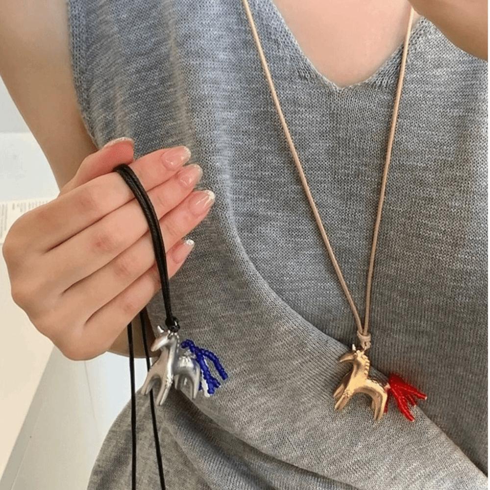 Horse Pony Pendant Necklace Sweater Chain PU Leather Necklace Wax Rope Necklace  Horse Year Gift
