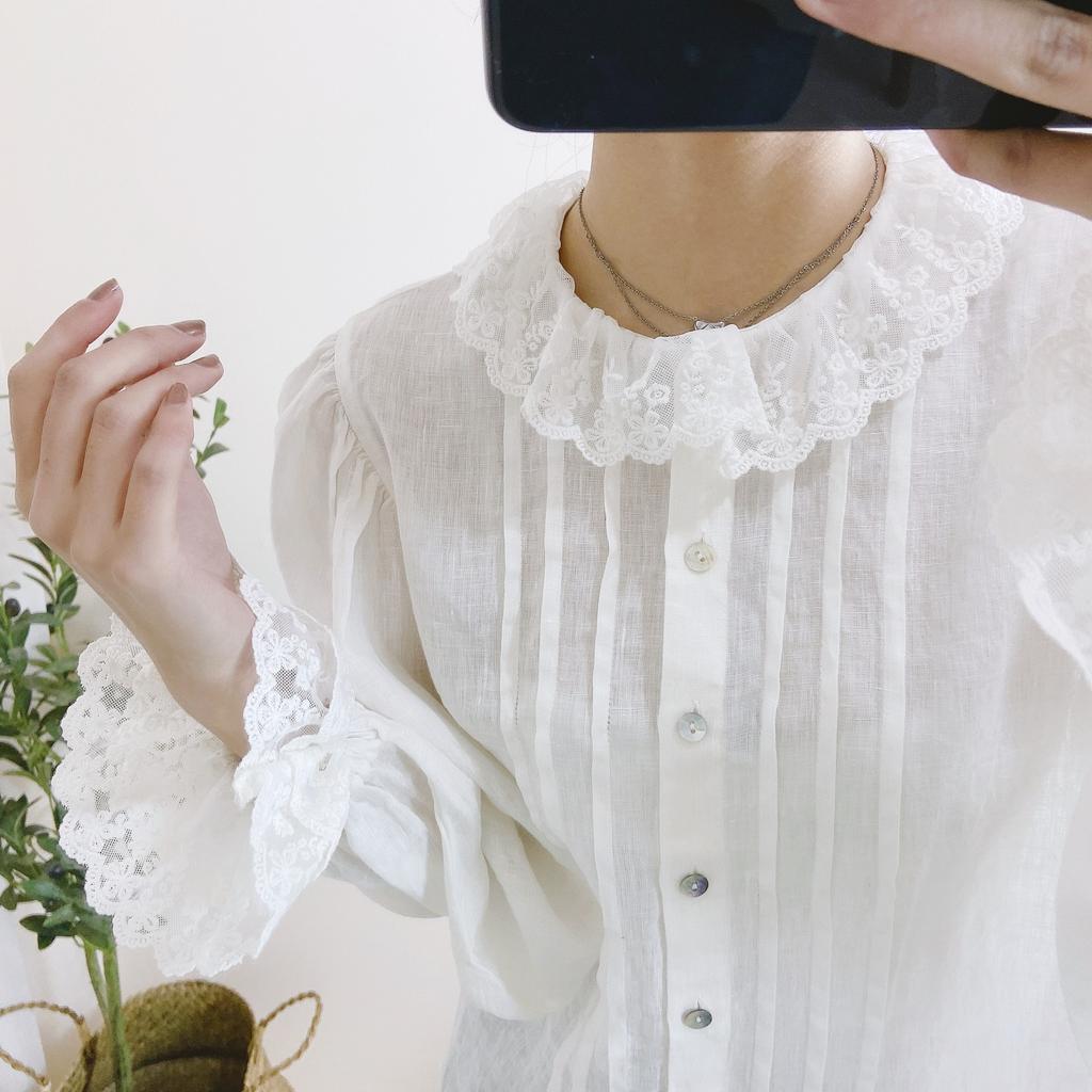 Koreanische Frauen Kleidung Spitze Rüschen Kragen Tops Frühling Weiße Leinen Einfarbig Weibliche Shirts