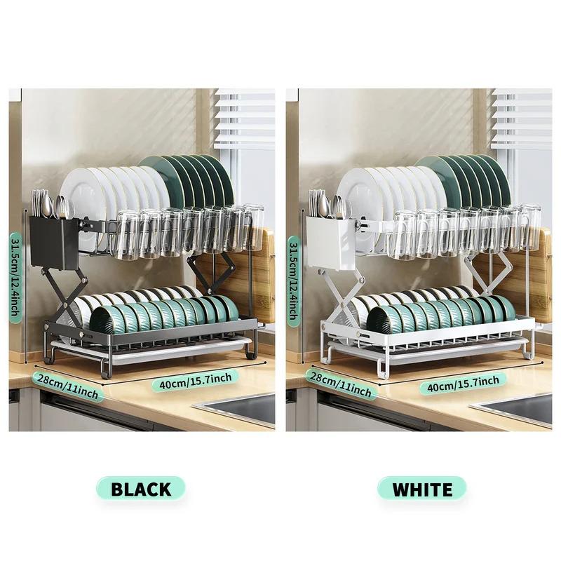 2-Tier Foldable Dish Storage Rack with Drip Tray, Countertop Kitchen Organizer, Easy to Install Plate & Bowl Drying Shelf